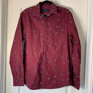 DJAB by Simons Organic Cotton Burgundy Print Shirt Size M Retro Geek Motif‎